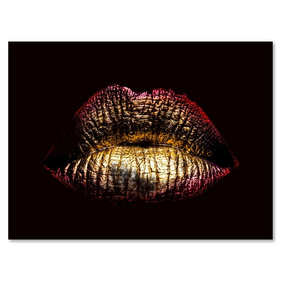 Designart ' Sexy Golden Metallized Woman Lips IV ' Modern Canvas Wall Art Print