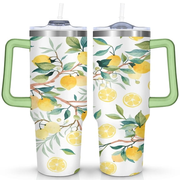 40 oz Tumbler Lemon with Handle Stainless Steel Water Bottle SpillProof Cup Car Cup Holder Friendly for Gym Travel Office