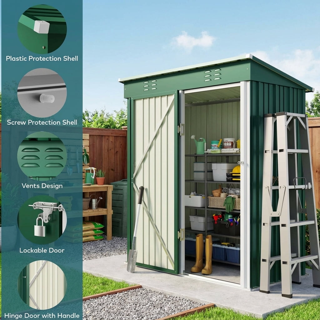 5'x3' Outdoor Storage Shed, Galvanized Metal Shed with Lockable Door & Air Vent, Weather-Resistant Shed for Backyard/Patio/Garden/Lawn, Green