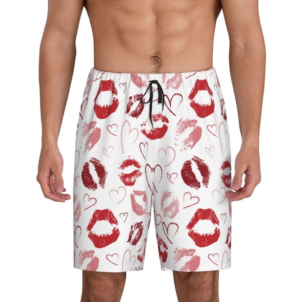 Balery Red Lips Pantalones cortos de pijama de punto de algodón para hombre con cinturilla y bolsillos-4X-Large