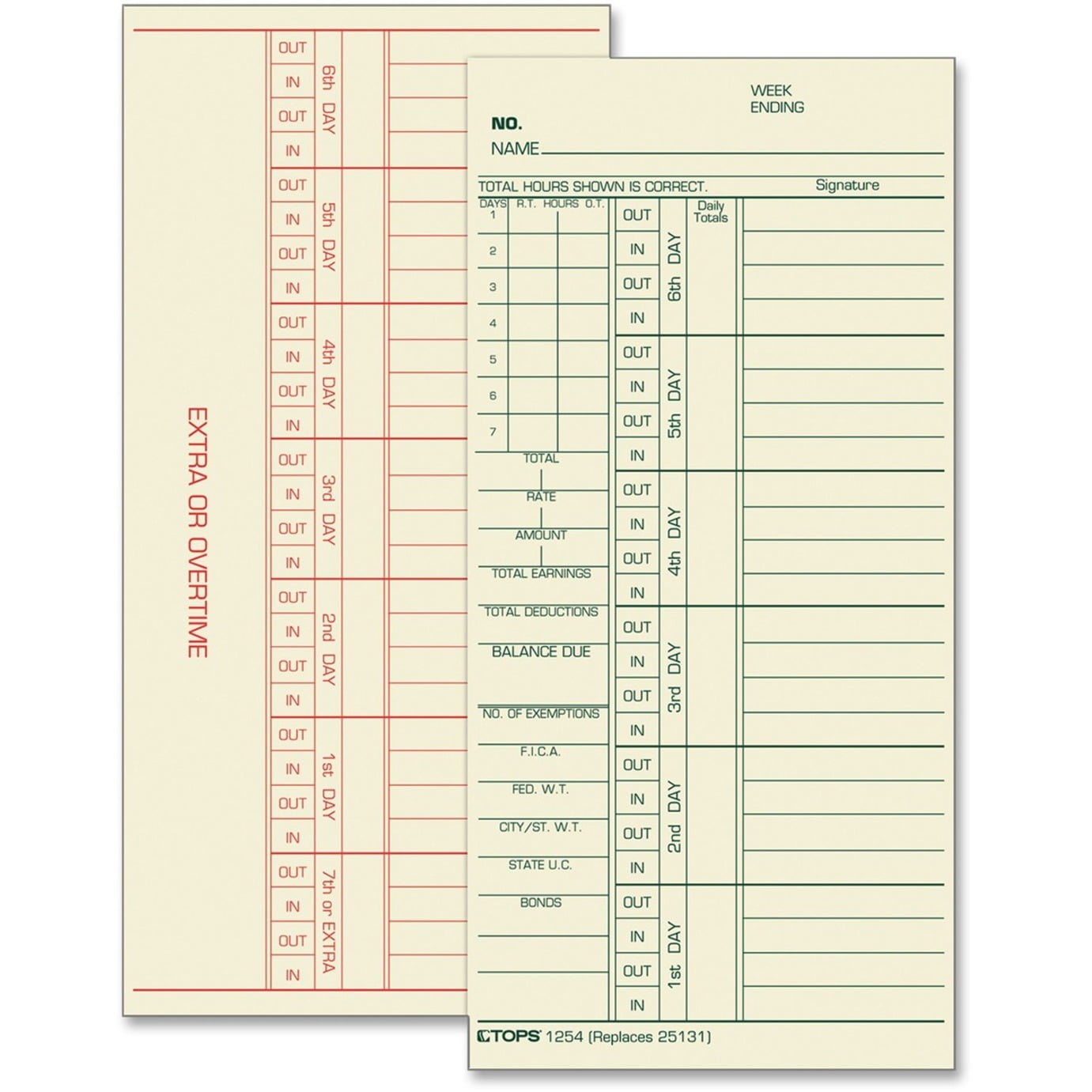 TOPS Green Reg/Red Overtime Weekly Time Cards
