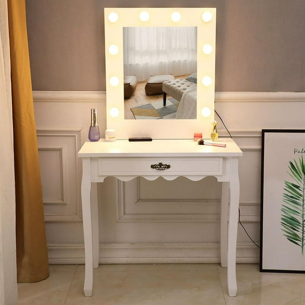 Ktaxon Vanity Set Jewelry Makeup Dressing Table With Lighted Mirror Writing Desk With Drawer For Bedroom White 10 Warm Led Bulbs Walmart Com Walmart Com