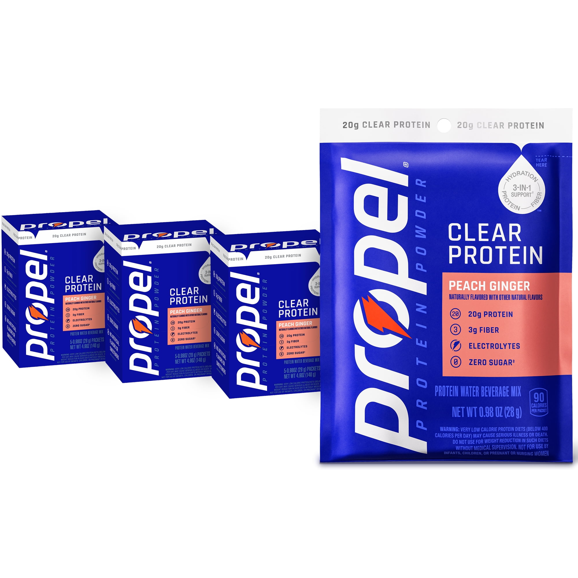 Propel Clear Protein Powder, Peach Ginger,(5 Servings), 3-in-1 GLP-1 Support: Hydration, 20g Protein, 3g Fiber, Zero Sugar, 90 Calories, No Added Colors, No Artificial Sweeteners or Flavors, 0.98 oz
