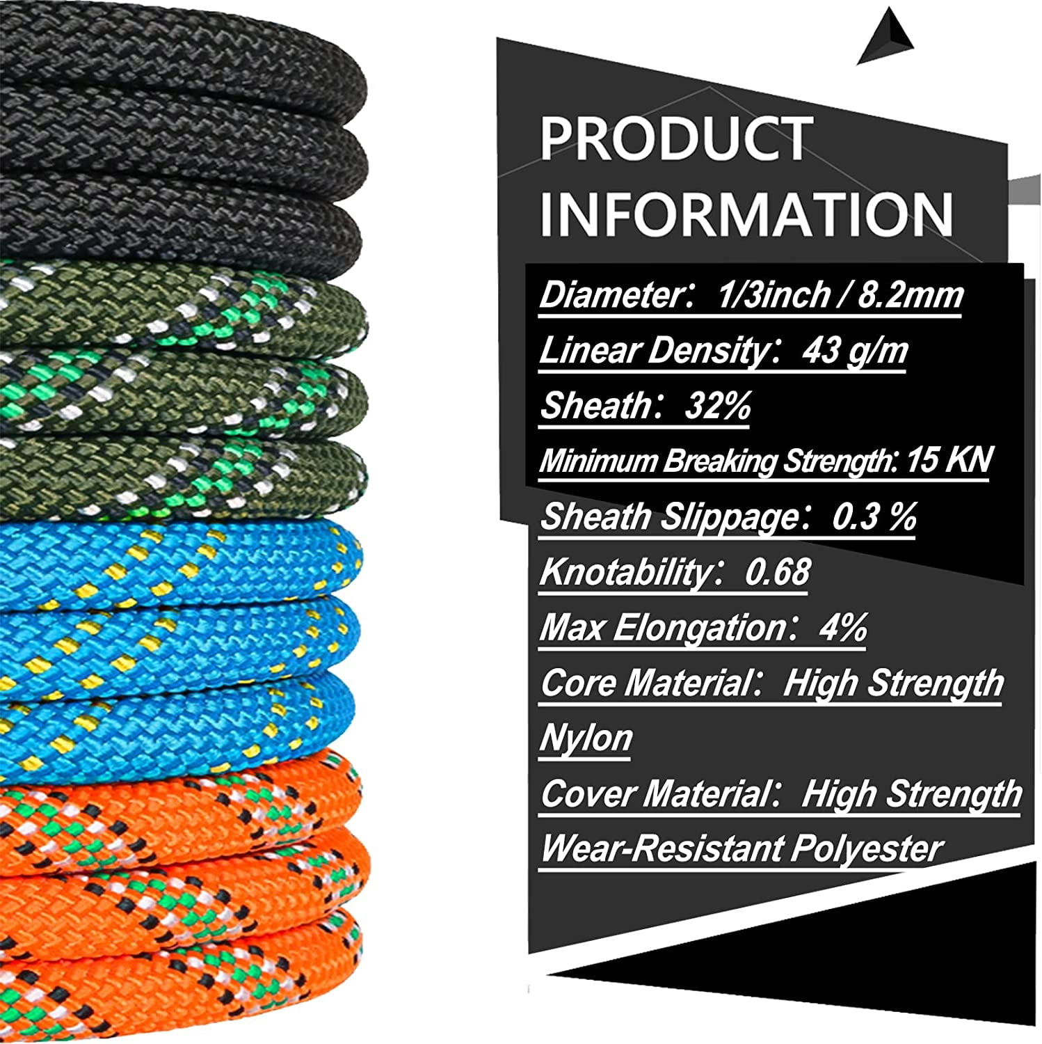 Orange/Black/Blue/Green Climbing Rope 10M(32ft) 20M(64ft) 30M(96ft) 50M(160ft), 8MM Static Rock Climbing Rope with 2 Steel Hooks, Rappelling Rope for Outdoor, Hiking Safety Escape Rope