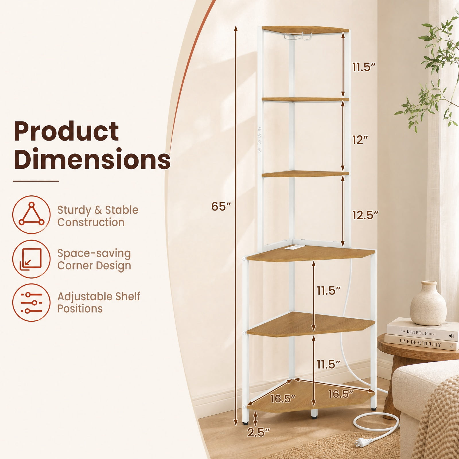 Furnibear 65 Inch 6-Tier Corner Shelf with Charging Station and Ambience Light for Living Room Home Office Bedroom Display Storage Shelf, Natural