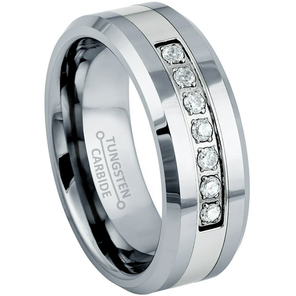 Jewelry Avalanche Tungsten Carbide 7-CZ Mens Wedding Band, Comfort-fit, Low-Beveled, 8MM