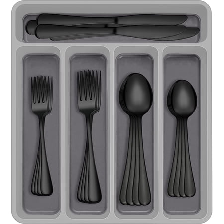 60-Piece Black Silverware Set with Organizer, AIVIKI Stainless Steel Flatware for 12, Cutlery Utensil Set for Home Restaurant, Tableware Includes Knife Fork Spoon Set, Mirror Polished