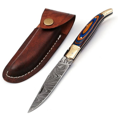 Damascus steel folding knife with leather sheath 8.5 inches long laguiole pocket knife with 4 inches long Damascus steel Blade 4.5 inches Grey multi colored wood scale with Brass bolster and pommel