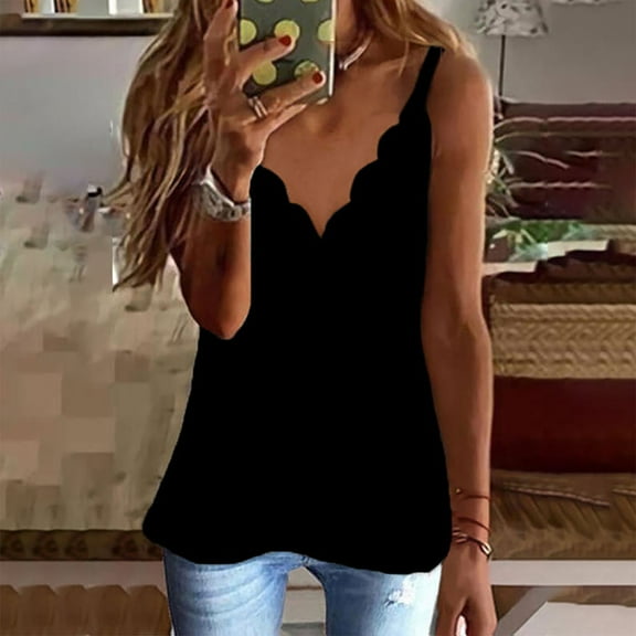 QUINDOS Tank Tops for Women under $5 Summer Black Basic Sleeveless Tank Tops V Neck Solid Casual Shirts Loose Fit Basic Blouse Womens Camisoles Plus Size