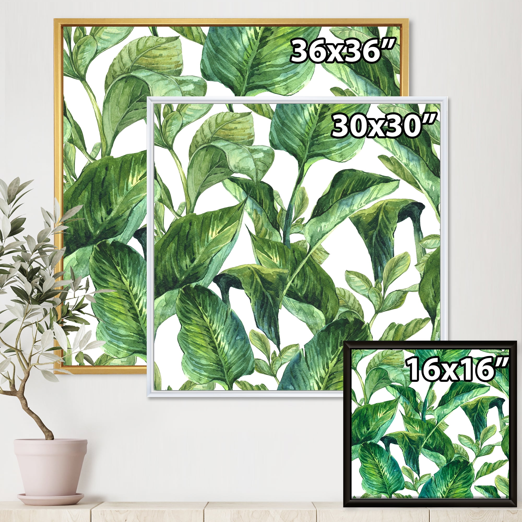 Designart 'Foliage Of Tropical Leaves On White' Tropical Framed Canvas Wall Art Print