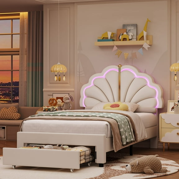 Hiphuta Twin Size LED Bed Frame with Drawers, Upholstered Platform Bed Frame with Tufted Headboard, No Box Spring Needed, Velvet White