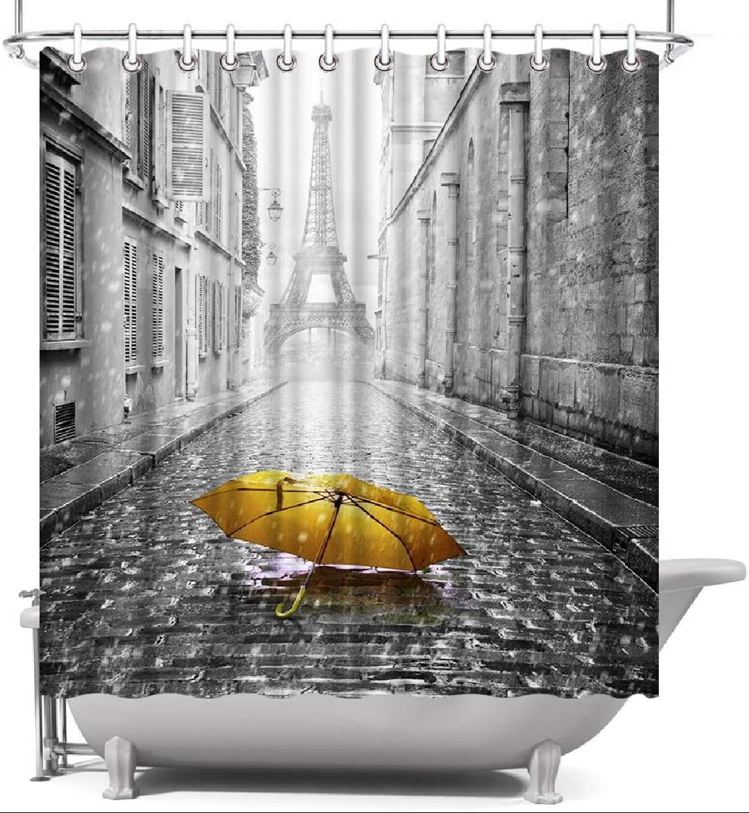 Paris Eiffel Tower Shower Curtain Yellow Umbrella in Paris Street 72