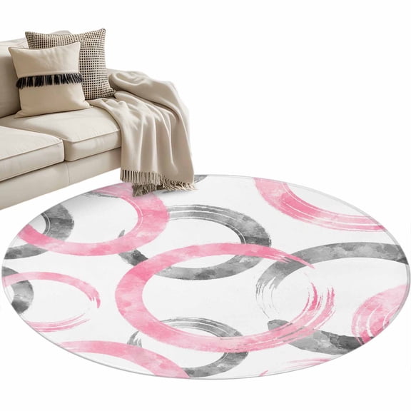 Round Rugs 3 Ft, Pink Grey Non Slip Area Rugs for Kitchen Bedroom Entryway, Geometric Circle Modern Abstract Simple Art Washable Carpet Runner Rug Floor Mats for Bedroom Home Decor