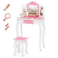 thumbnail image 1 of Costway Kids Vanity Table & Stool Set with Cute Polka Dot Print Tri-folding Mirror Drawer Pink&White, 1 of 10
