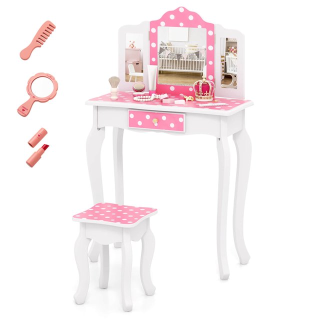 Costway Kids Vanity Table & Stool Set with Cute Polka Dot Print Tri-folding Mirror Drawer Pink&White