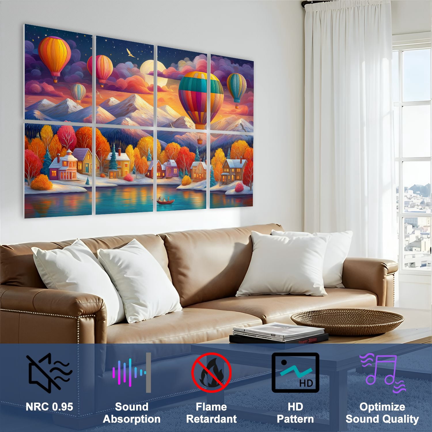 8 Pack Art Acoustic Panels Sound Absorbing Snow Mountain Diamond Art Mountain Lake Landscape Hot Air Balloon Full Decorative Soundproof Wall Panels Self Adhesive for Nursery Game Room Bedroom 48"x32"
