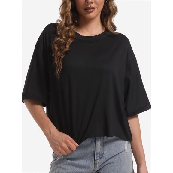 Women's Comfy Basic Workout Gym Short Sleeve Crop Tops Casual Loose Oversized T-Shirts