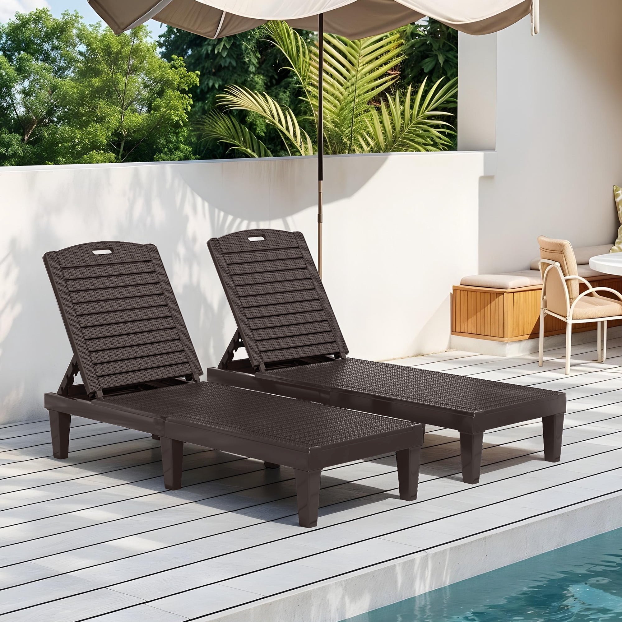 Uforic Outdoor Plastic Chaise Lounge Chair, 5-Position Adjustable Waterproof Poolside Recliner, Easy Assembly Patio Lounger for Garden Backyard, Brown, 1 Piece