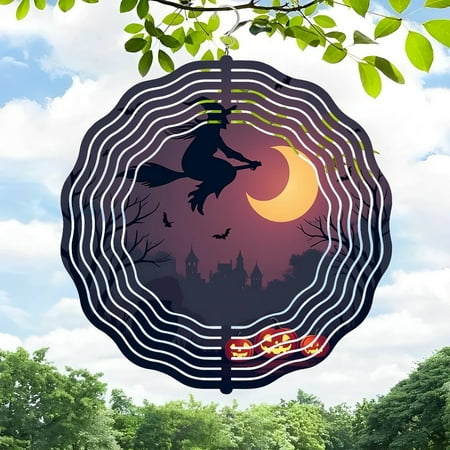 3D Metal Hanging Wind Spinners – Whimsical Witch on Broomstick Design with Glowing Lanterns for Halloween Yard and Garden Decor 3D Metal Hanging Wind Spinners – Whimsical Witch on Broomstick Design with Glowing Lanterns for Halloween Yard and Garden Decor
