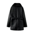 thumbnail image 6 of Female Faux Leather Jacket with Faux Fur Collar, Winter Long Sleeve Furry Trim Peplum Parka Coat with Belt Black L, 6 of 7