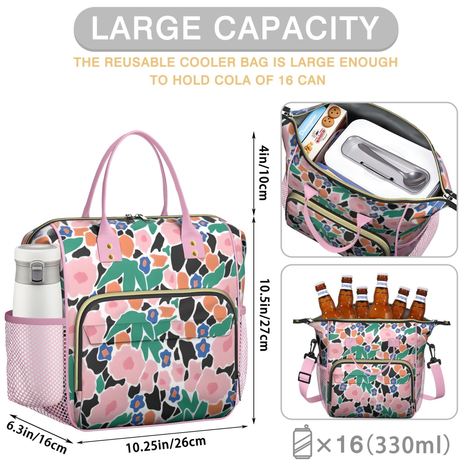 Pioneer Flower Floral Print Pattern Womens Lunch Box for Work,Insulated Large Lunch Bag for Tween and Teen,Loncheras Para Mujer,Leakproof Adult Lunch Bag for Work,Beach,Travel,Picnic,Camping