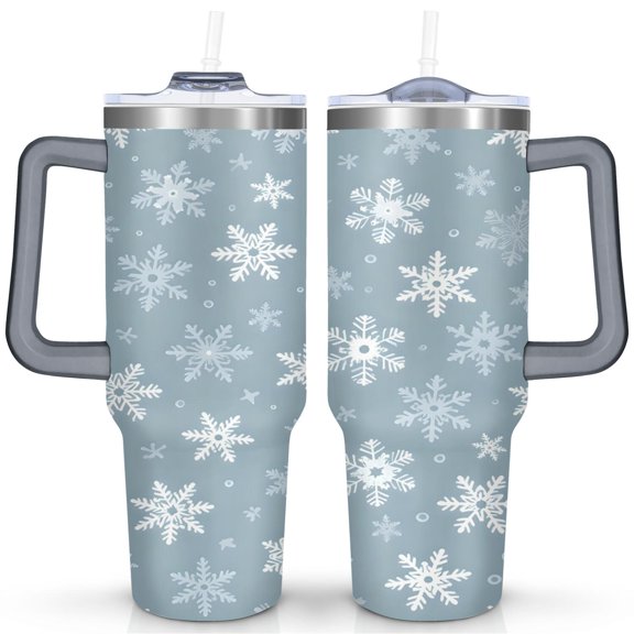 Light Blue White Snowflakes 40 Oz Tumbler with Handle Lid and Straw Stainless Steel Double Walled Vacuum Insulated Cup Merry Christmas Gifts Tumbler for Women Men Friends Outdoor Indoor