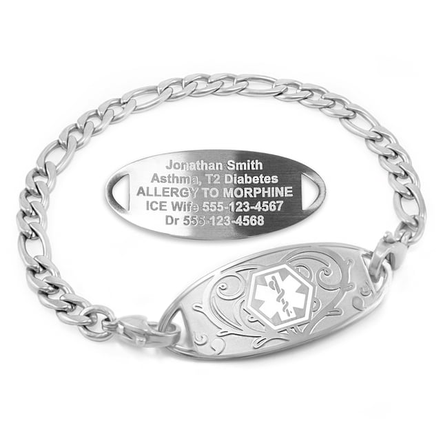 MedicEngraved Bracelet d'Alerte Médicale Personnalisé en Acier Inoxydable - Maillon Figaro 5 mm