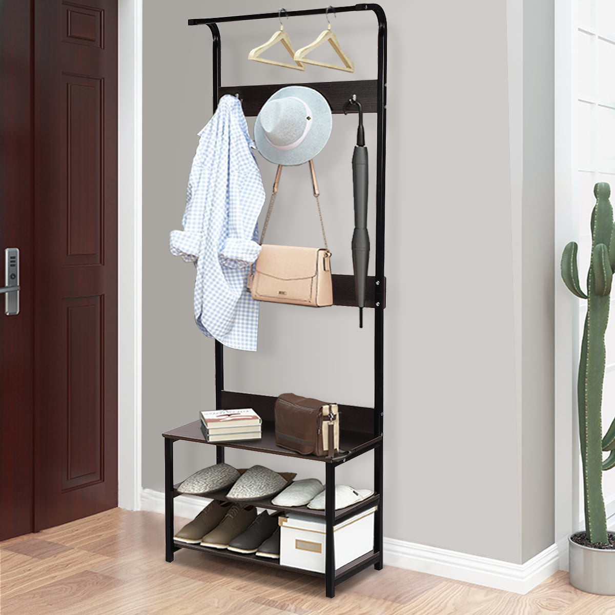 170cm Hall Tree Hat and Coat Stand Hallway Shoe Rack Bench with Shelves Hooks 