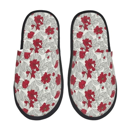 Balery Leaves And Anemone Flowers In Red Grey Slient Indoor Furry Fleece Comfort House Shoes Soft Non-Slip Home Shoes Cotton slippers House Slippers-- Medium