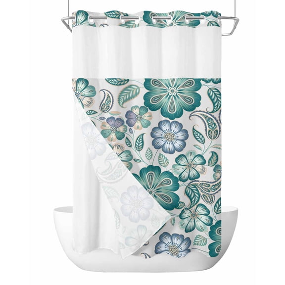 No Hook Cloth Fabric Shower Curtain with Snap in Liner, Teal Paisley Pattern Waterproof Shower Curtains Set with See Through Top Window, Boho Ethnic Floral Traditional Bath Curtains Shower 36"x78"