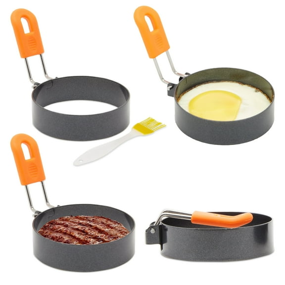 Juvale 4 Pack Egg Rings for Frying Eggs, English Muffins, Pancakes, Biscuits with Silicone Oil Brush - 3 Inches Egg Shaper Non-Stick, Heat-Resistant, Ideal for Breakfast Cooking and Camping