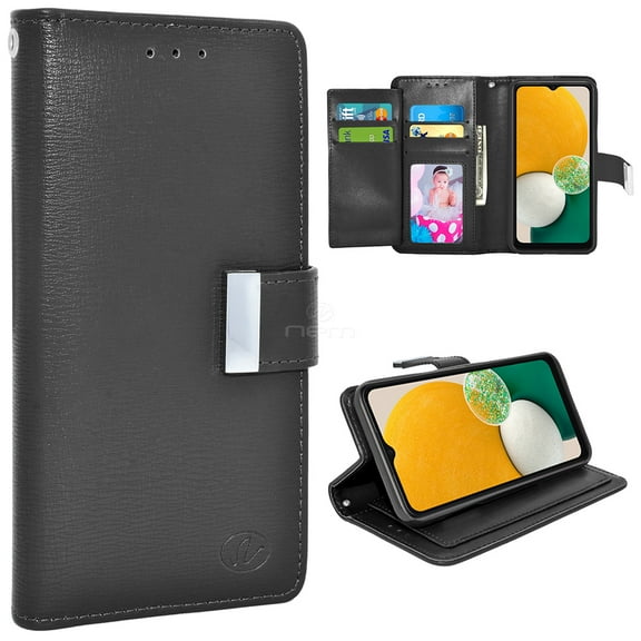 For Samsung Galaxy A13 5G / SM-A136 Double Flap Folio Shockproof Protective Leather Wallet Pouch Case Cover Black