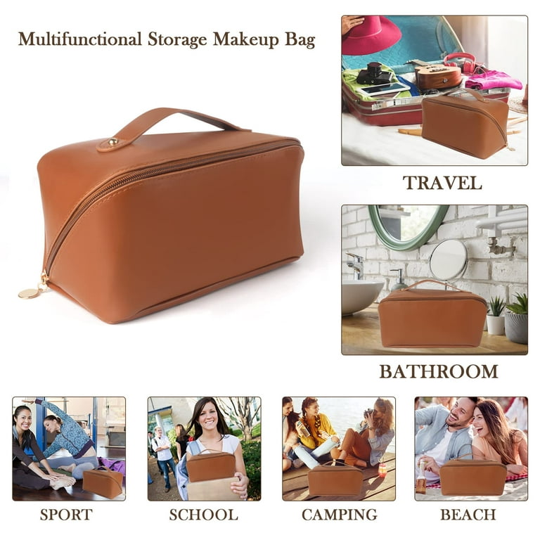 Travel Makeup Bag, Large Cosmetic Bag with Brush Compartment and  Handle,Waterproof Portable PU Leather Makeup Case Organizer, Large Capacity  Toiletry