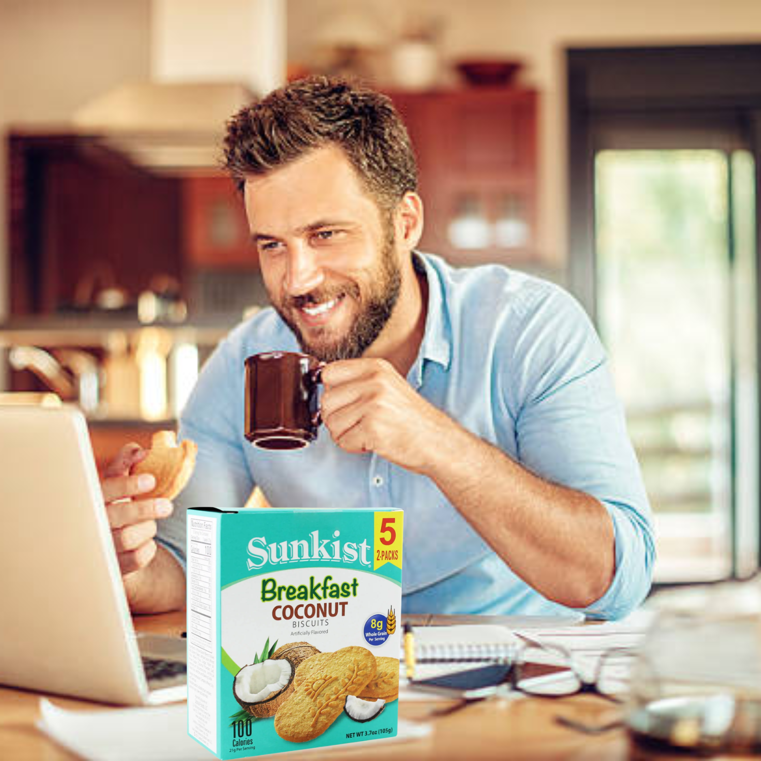 Sunkist Breakfast Biscuits Coconut Flavor Made with Whole Grain Cookies Great for On The Go Breakfast Snacks Home Office Snacks 3.7 Ounce 5 Packs (2 Biscuits Per Pack)