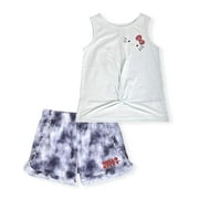 Hello Kitty Girls 2-Piece Fashion Tee Shirt and Active Short Set with Tie Front Top and Fashion Dolphin Shorts Summer Clothes for Little Girls (Blue Tie Dye, 8/10)