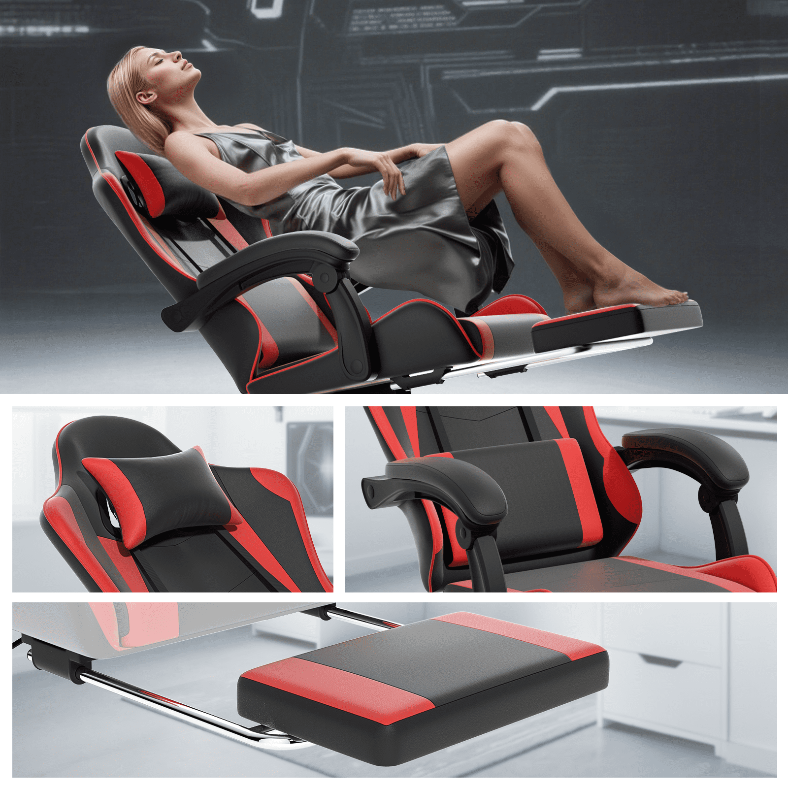 OSM Gaming Chair with Footrest & Headrest, High-Back Ergonomic Computer Desk Chair - Adjustable Lumbar Support, Reclining Office Chair for Adults, 350lbs, Red