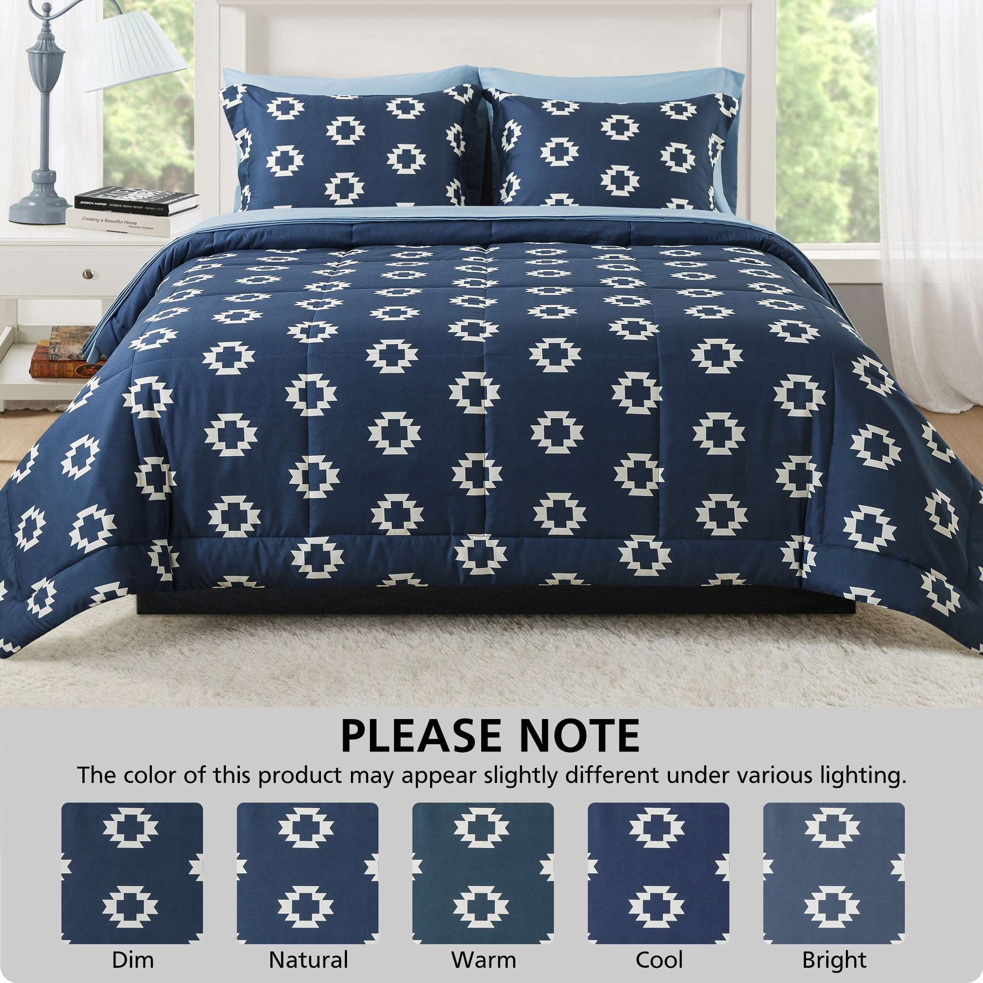 Mainstays All in One Reversible Comforter and Sheet Set, 7-Piece, Queen, Navy Geo