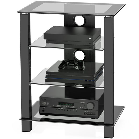 FITUEYES AV Media Stand Component Cabinet and Hi-Fi Rack Audio Tower with Height Adjustable,4-Tier Tempered Glass Shelves