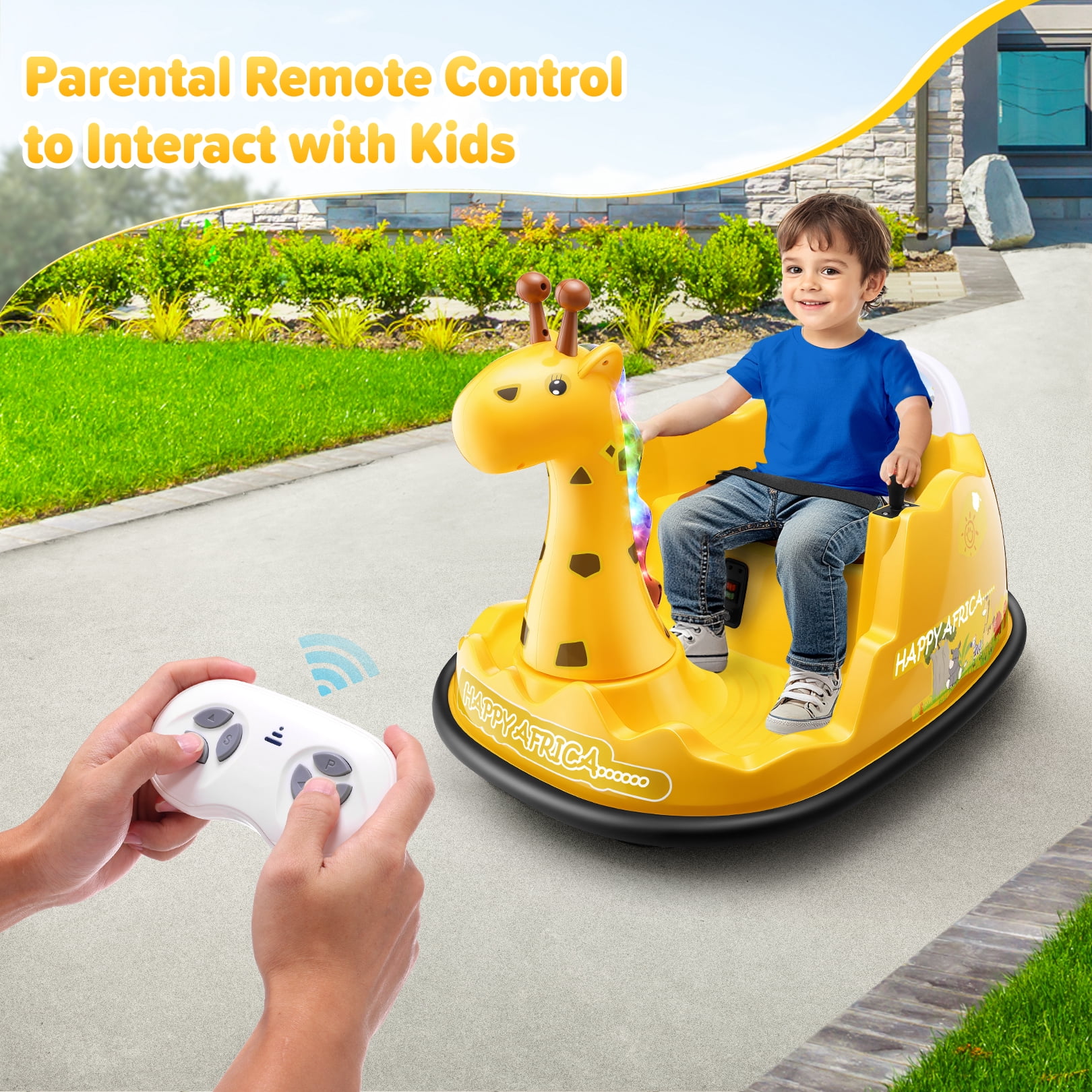 Funcid 12V Electric Giraffe Bumper Car for Toddler, Baby Bumper Car with Remote Control, Kids Ride on Toy for Boys Girls 2+, 360° Spin, LED Lights, Music, Yellow