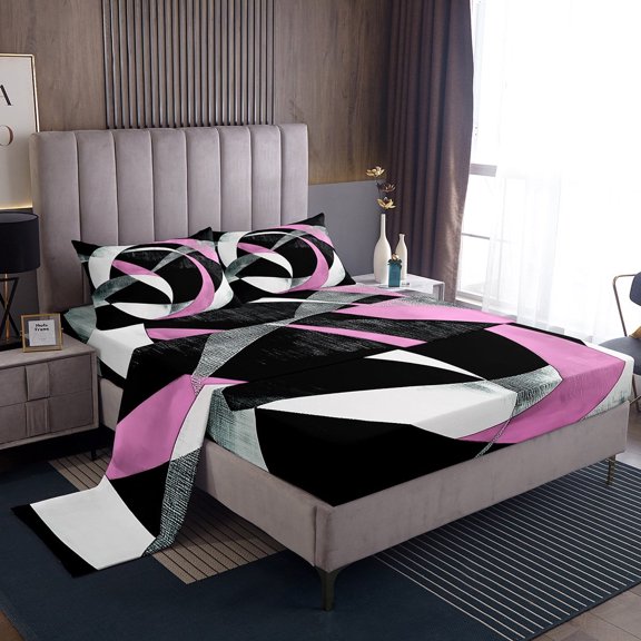 Erosebridal Abstract Stripes Sheet Set Twin,Geometric Circle Bedding Sets Twin Size,Black Pink Twin Sheet Sets,Super Cozy Round Room Decorative,3pcs