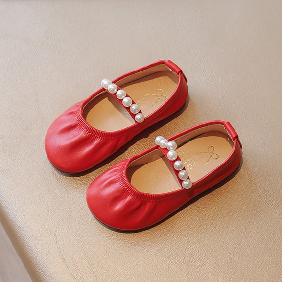 Toddler Cute Flats Pearls Decor Soft Sole Round Toe Flat Dress Shoes Girls Fashion Comfy Footwear for Daily Casual Wear Red 2 Big Kids