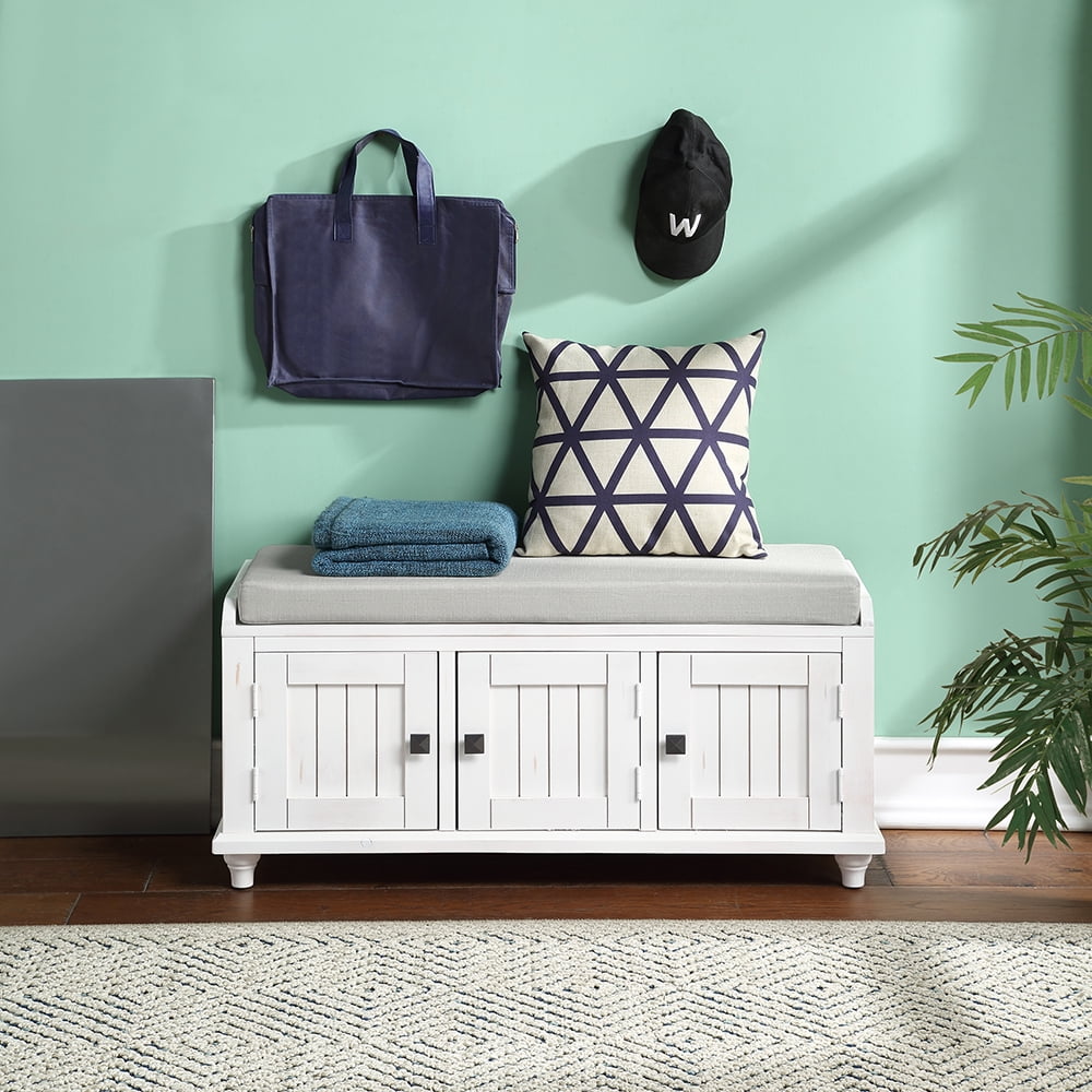 Lowestbest Rustic Shoe Bench, Wood Storage Bench with 2 Cabinets, Removable Cushion for Living Room, Entryway (White) Lowestbest Rustic Shoe Bench, Wood Storage Bench with 2 Cabinets, Removable Cushion for Living Room, Entryway (White)