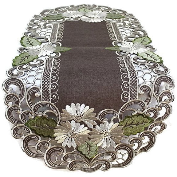 Table Runner Embroidered with a White Daisy on Brown Burlap Linen Fabric, Size 54 x 15 inches