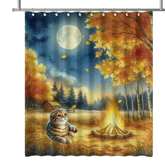 Hello Fall Scottish Fold Enjoys Warm Campfire Autumn Night Bright Moon Shower Curtain Cat Lover Kitten Owner Gifts Waterproof Bathroom Bathtub Curtain - 01008
