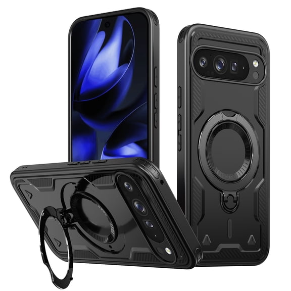 Compatible with Google Pixel 10 Pro XL Case, Hybrid Slim Phone Cases Fit for Google Pixel 10 Pro XL, Compatible with MagSafe Magnetic Ring Stand Rugged Case, Shockproof Protective, Black