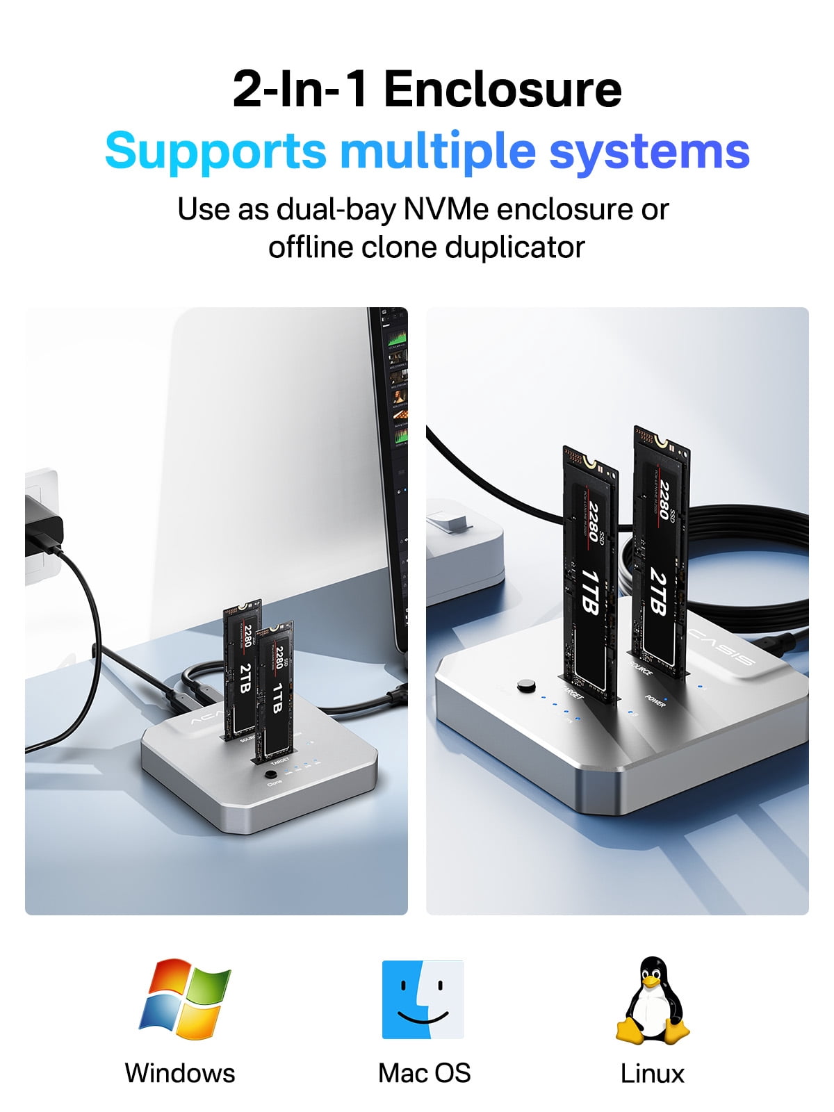 ACASIS M.2 Duplicator Dual-Bay Offline Clone,USB C to NVME Docking Station M.2 Reader Tool-Free 20Gbps,USB3.2 Gen 2X2 to SSD cloner for M2 SSD M Key Hard Drives