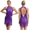thumbnail image 1 of Alvivi Robe de Danse Latine pour Femmes Paillettes Sans Manches Franges Chacha Salsa Rumba Tango Valse Tenue de Danse de Salon Violet L, 1 of 6