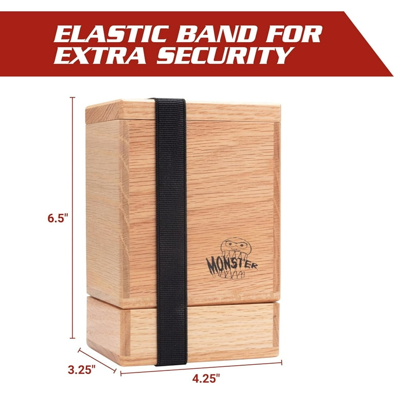Monster Wooden Deck Box w Strong Magnetic Lid, Built in Dice Tray, Security Band- Premium Finish Holds 150 Sleeved Cards Brown
