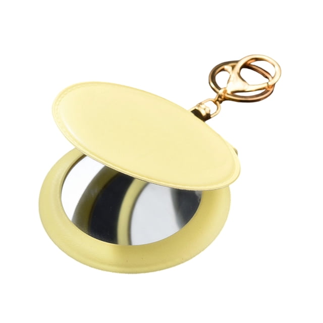 Mini espejo de maquillaje de piel sintética con llavero, espejo de tocador portátil para mujer con llavero, espejo cosmético plegable de mano de doble cara.