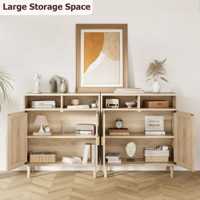 BeesClover Rattan Sideboard Buffet Cabinet - 2-Door Storage with Shelf, Modern Accent Furniture for Dining, Living Room, Entryway, and Home Decor, 36''H